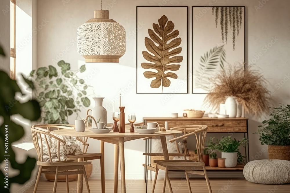 Boho and cozy interior of dinning space with mock up poster frame, family wooden table, chairs, coff