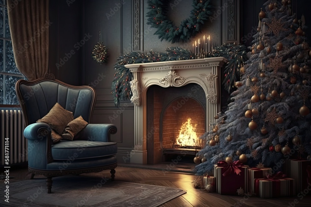 Christmas living room interior with decorated fireplace, armchair and xmas tree. Generative AI