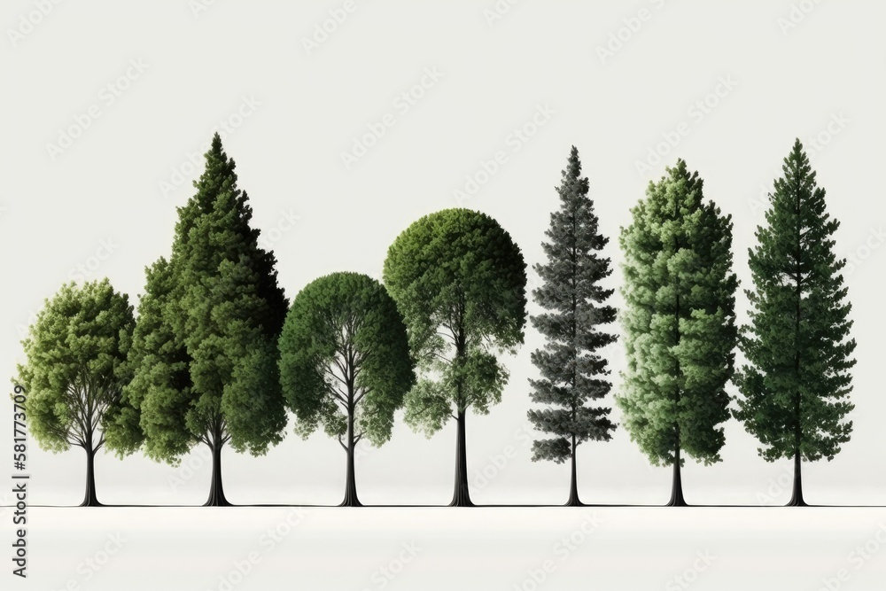 Trees in a row, both green and pine like, isolated on a translucent background. very good mask with 