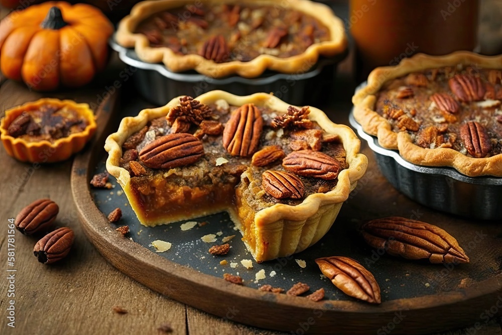 Baked in muffin tins, mini pumpkin and pecan pies are a classic Thanksgiving or autumnal treat. Gene