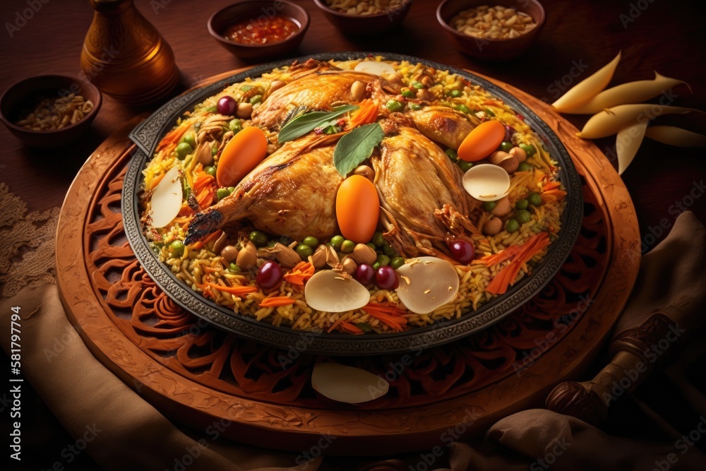 Kabsa, a dish of chicken, rice, and vegetables, as seen in Arabic cuisine. horizontal looking down. 