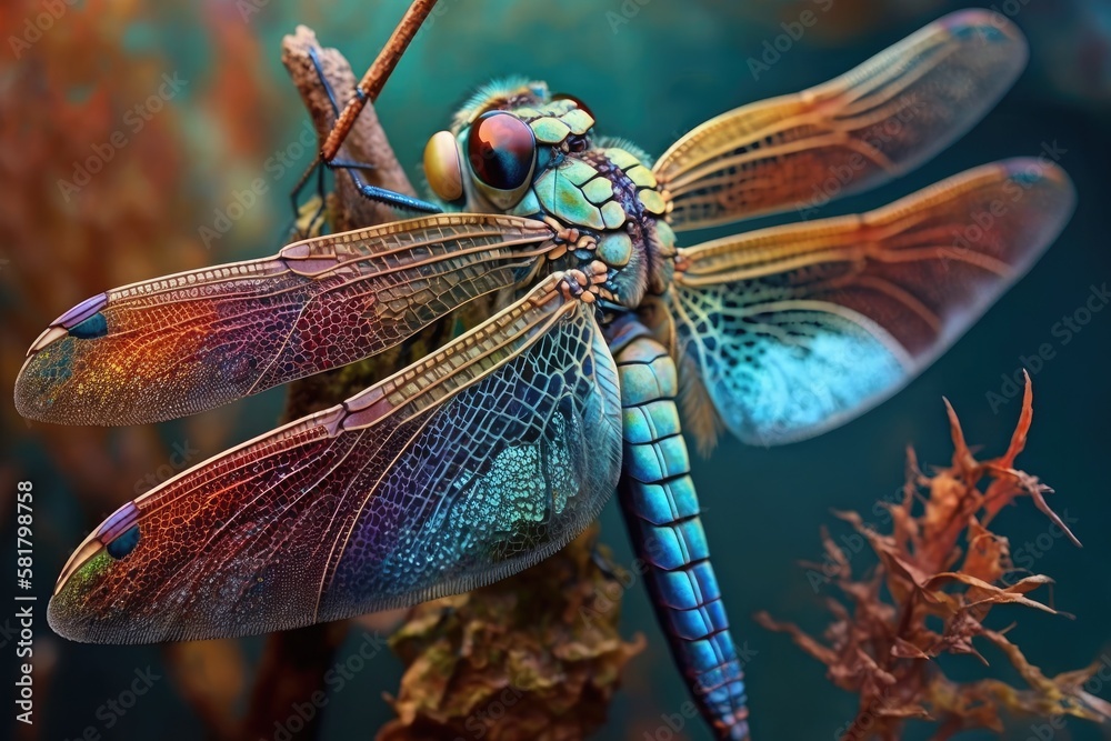 Unexpected animal appears in the letter. Large, amusing dragonfly with a cool colored background. Im