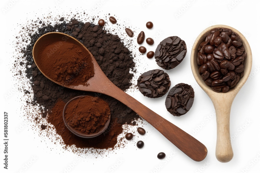 a cup of black coffee, coffee beans, and ground coffee on a wooden spoon against a white background.
