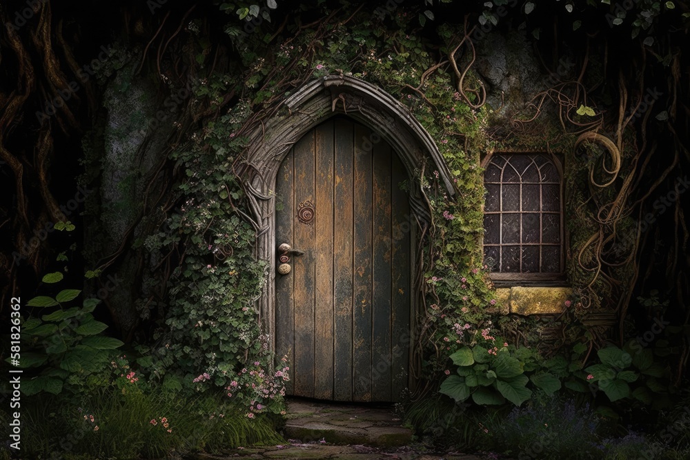 A tiny door amid the magnificent garden. Generative AI