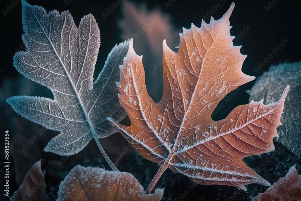 Winter leaves covered in frost. Generative AI