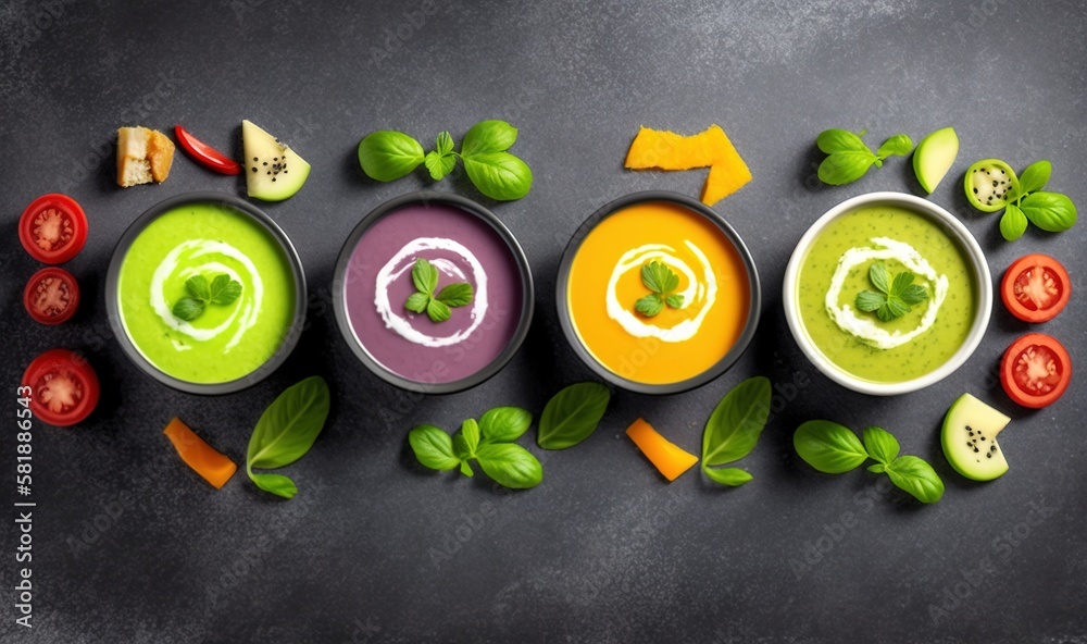  a group of bowls filled with different types of soup and vegetables on top of a black surface with 