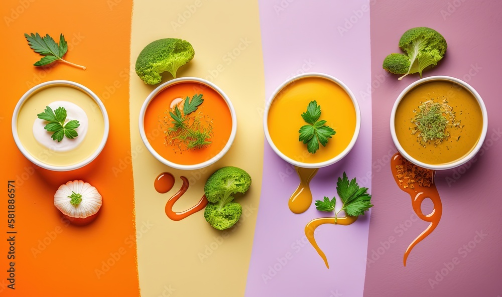  three different bowls of soup on a multi - colored background with a spoon and spoon rest on the si