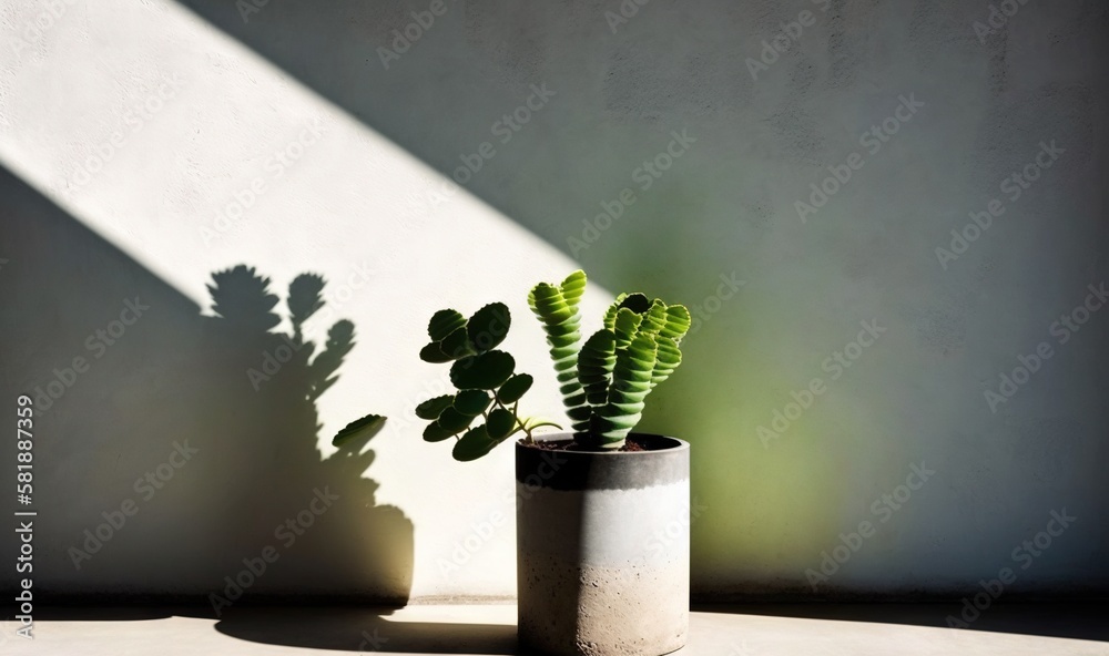  a small potted plant sitting on top of a cement floor next to a white wall with a shadow cast on th