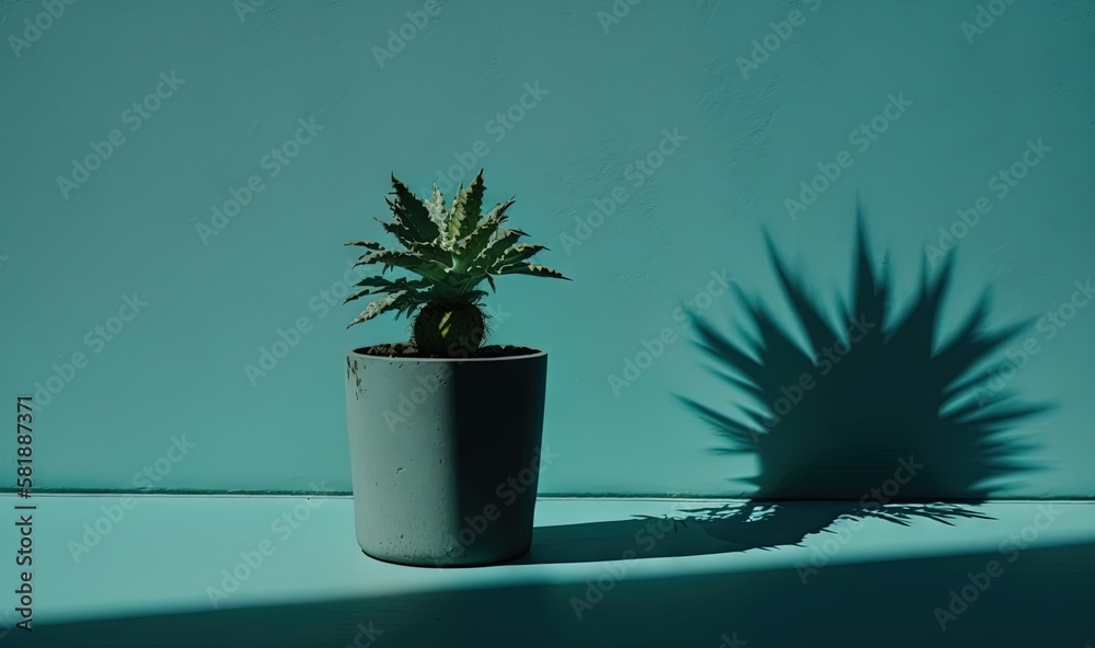  a potted plant casts a shadow on a wall with a blue wall in the background and a shadow of a plant 