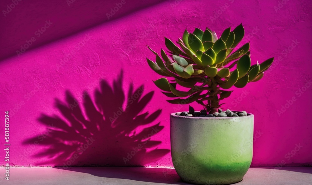  a potted plant with a long shadow on a pink wall with a green plant in the middle of the pot and a 