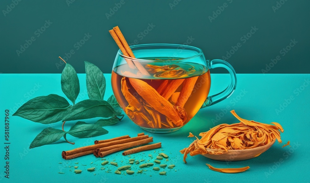  a cup of tea with a spoon and a bowl of cinnamons next to it and some cinnamon sticks on a blue sur