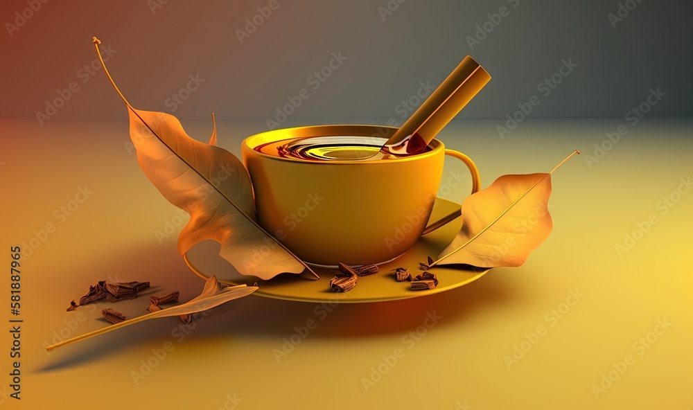  a cup of hot chocolate with cinnamons and a leaf on a saucer on a yellow plate on a yellow backgrou