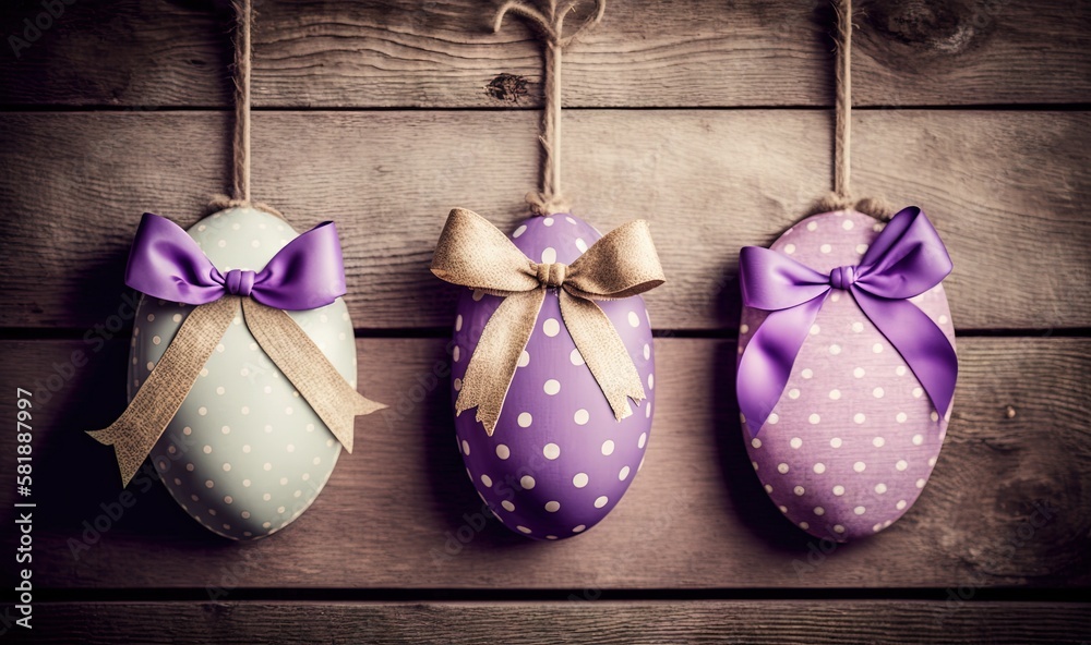  three decorated easter eggs hanging on a string on a wooden wall with a bow on the top of one of th