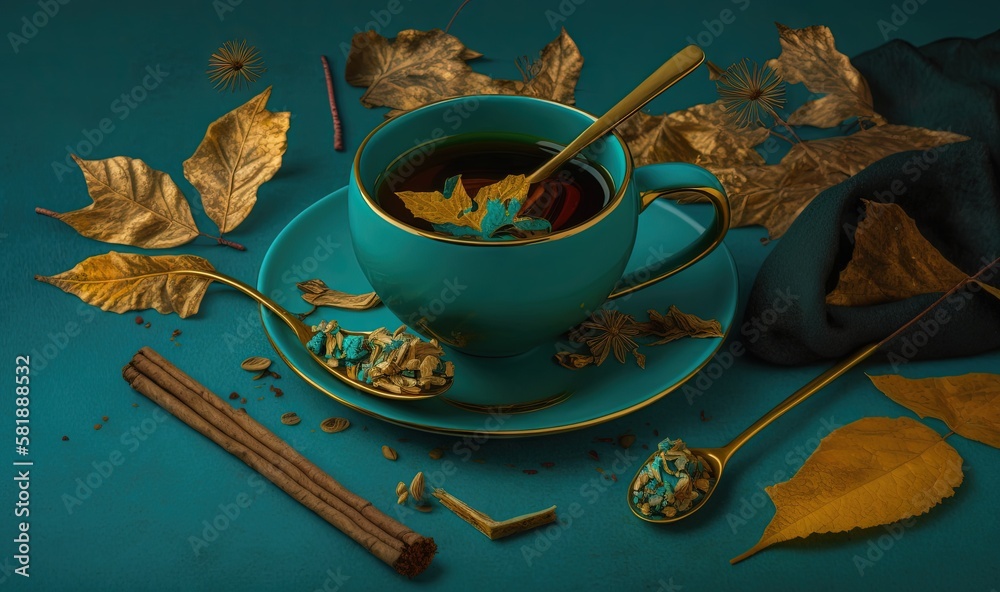  a cup of tea with a spoon and spoon rest on a saucer surrounded by autumn leaves and cinnamon stick