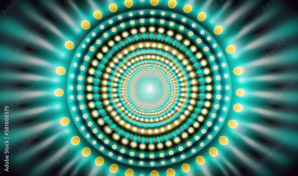  a circular design with yellow and blue lights in the middle of it and a black background with yello