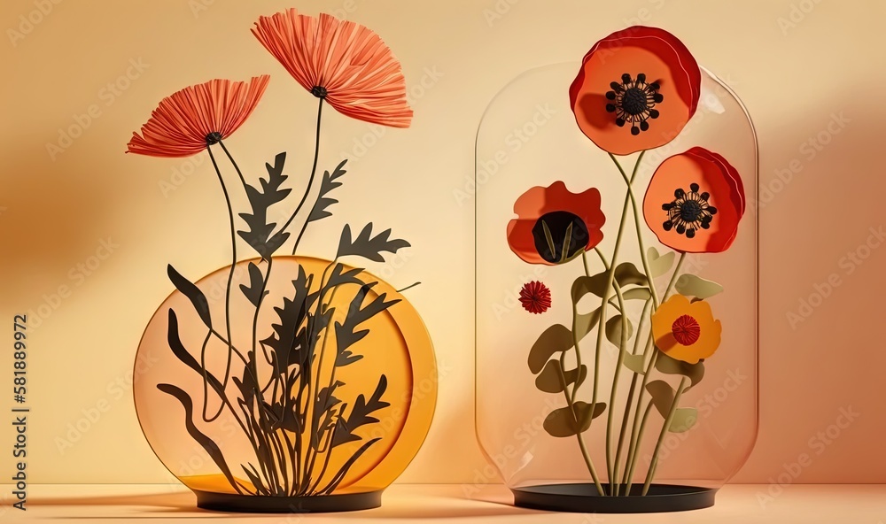 two glass vases with flowers in them on a table next to each other on a shelf with a yellow wall in