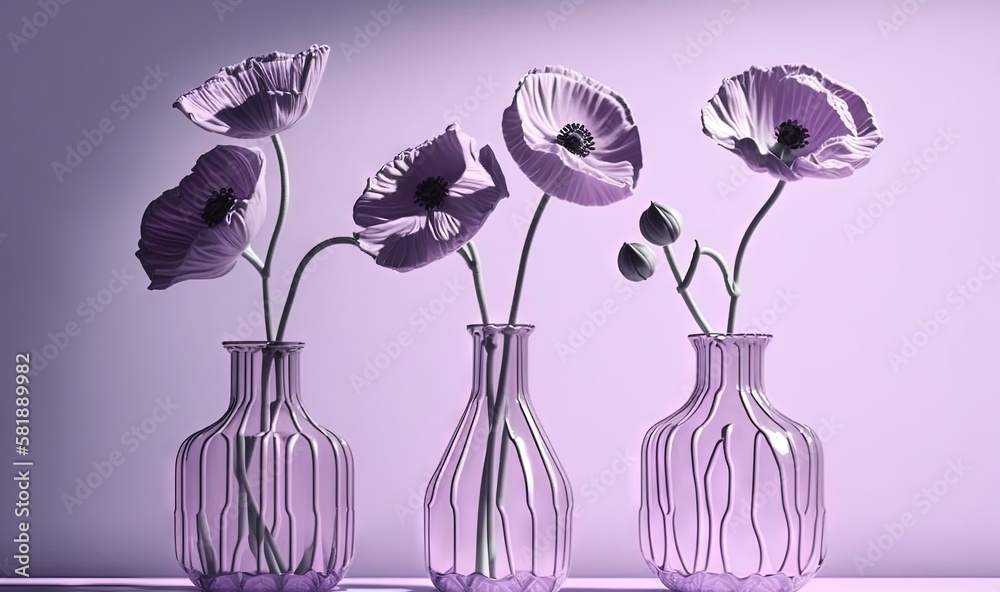  a group of three vases with flowers in them sitting on a table next to each other in front of a pur