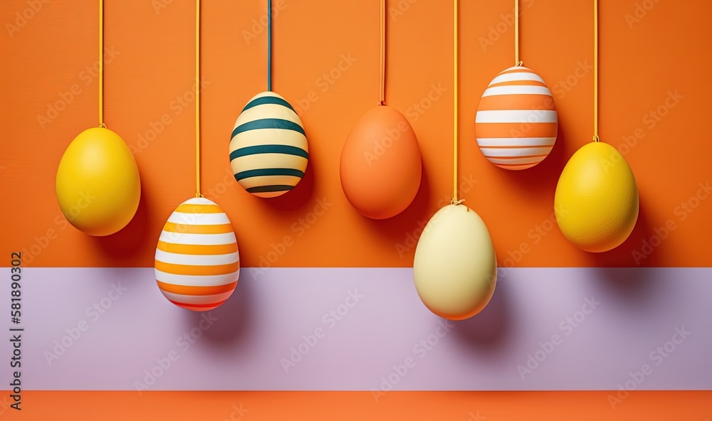  a group of eggs hanging from a line on an orange wall next to a purple and white stripe wall and a 