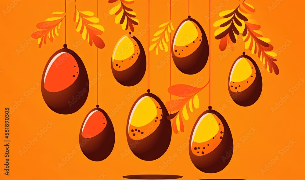  a bunch of eggs hanging from a line on a string with leaves on them on an orange background with an
