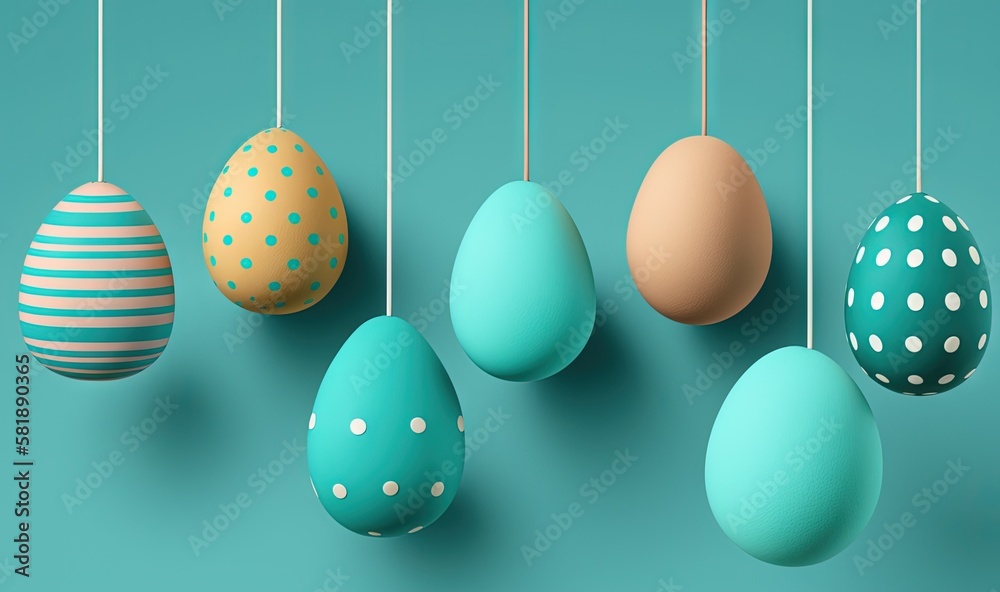  a group of eggs hanging from a line with polka dots on them, all painted different shades of blue a