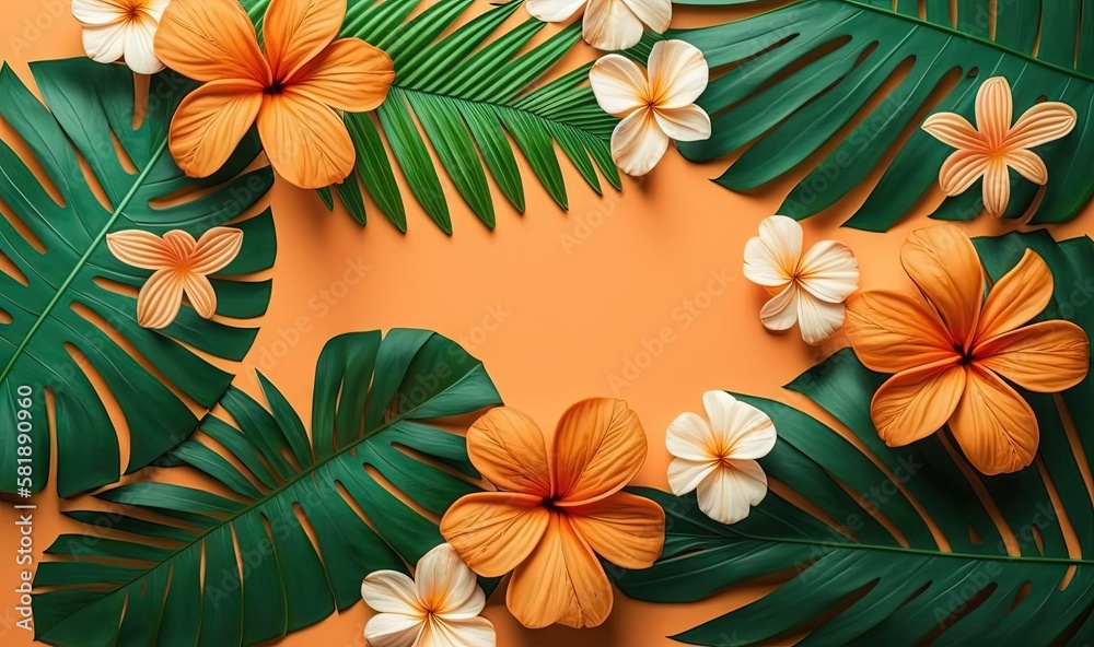 tropical flowers and palm leaves on an orange background with copy - space in the center for text o