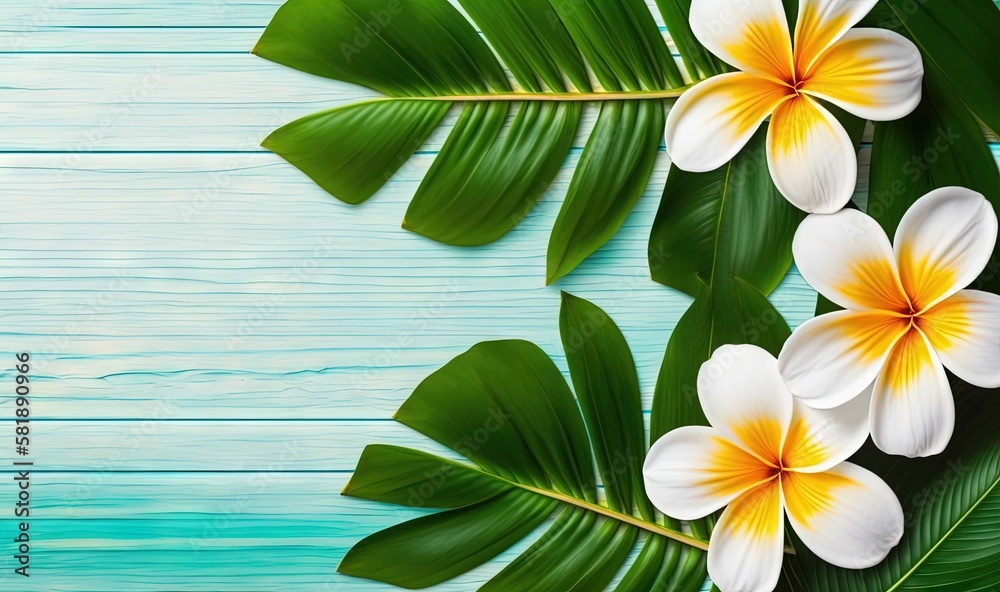  a tropical background with white and yellow flowers and green leaves on a blue wooden background wi