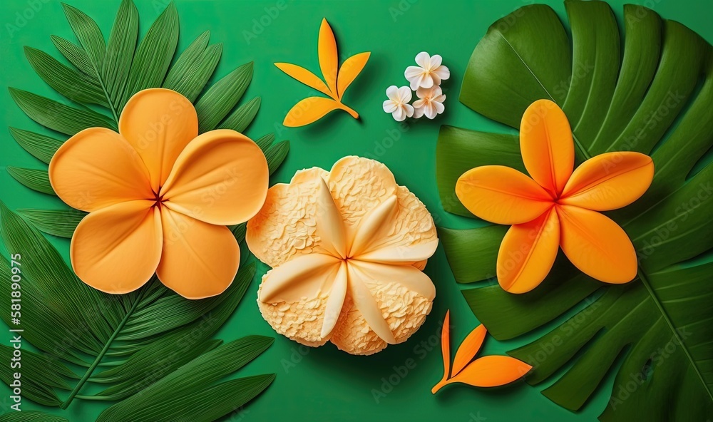  a green background with yellow and orange flowers and leaves on top of each other and a white and y
