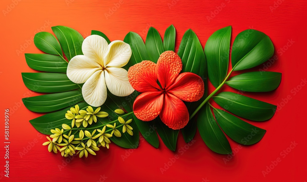  a red and white flower and green leaves on a red background with space for text on the left side of