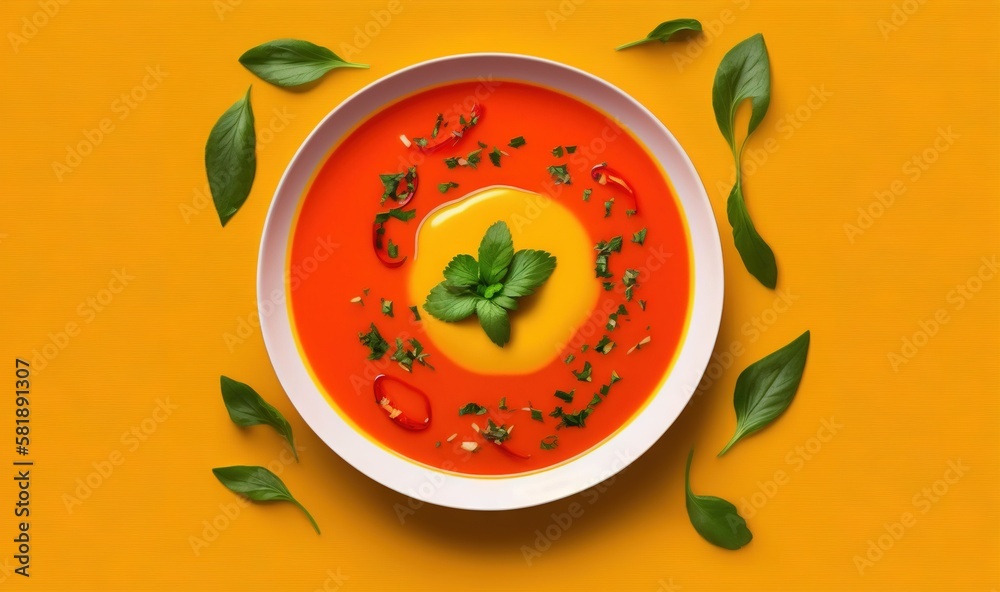  a bowl of tomato soup on a yellow background with green leaves around it and a spoon in the middle 