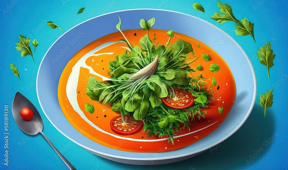  a plate of tomato soup with a spoon and a spoon on the side of the plate is a tomato and lettuce ga