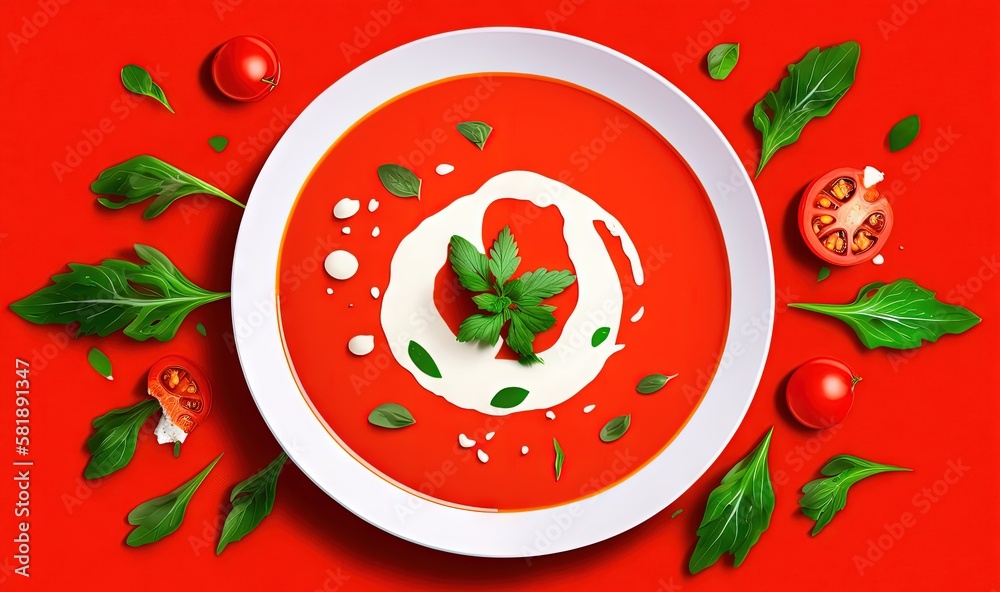  a bowl of tomato soup with basil and tomatoes on a red tablecloth with leaves and tomatoes on the s