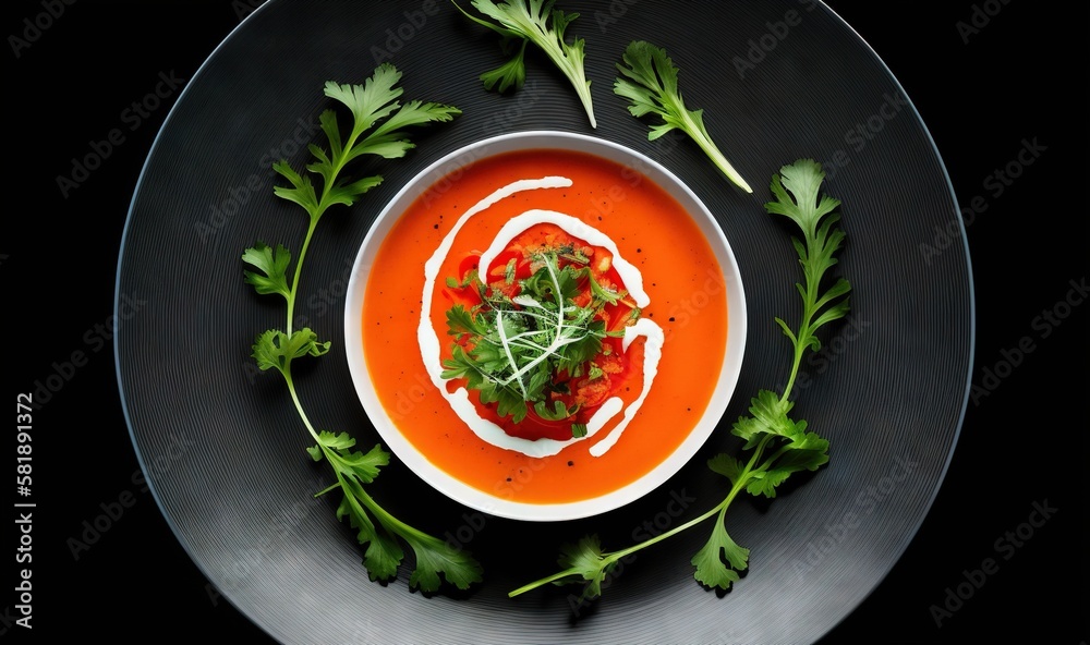  a bowl of tomato soup with garnish and parsley on a black plate on a black tablecloth with parsley 