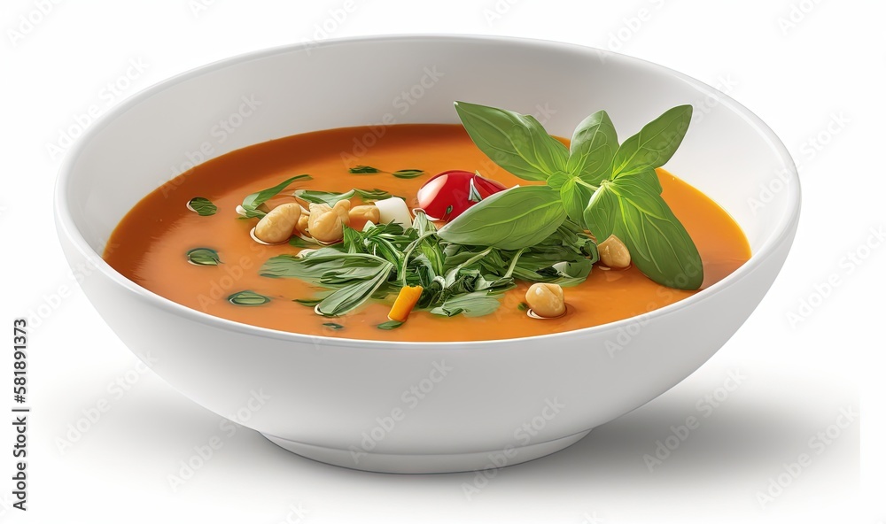  a white bowl filled with soup and garnished with a green leafy garnish on top of the soup is on a w