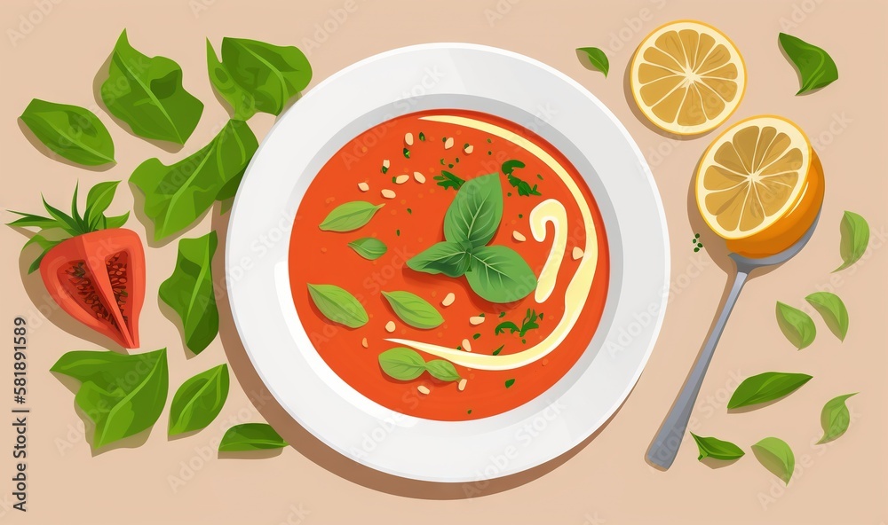  a bowl of tomato soup with basil and sliced oranges on a plate next to a spoon and a slice of lemon