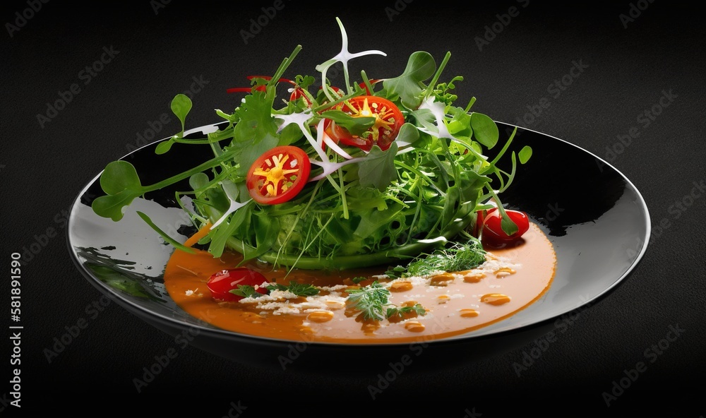  a plate with a salad on it on a black surface with a spoon and a fork in it, with tomatoes and othe