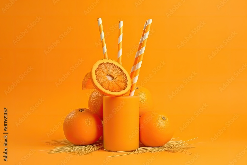 Summer composition with fresh stacked orange slices and straw on vibrant orange background. Creative