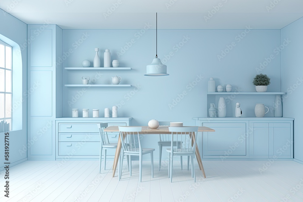 The rooms decor is a simple, pastel blue monotone with furniture and other room accents. copy space