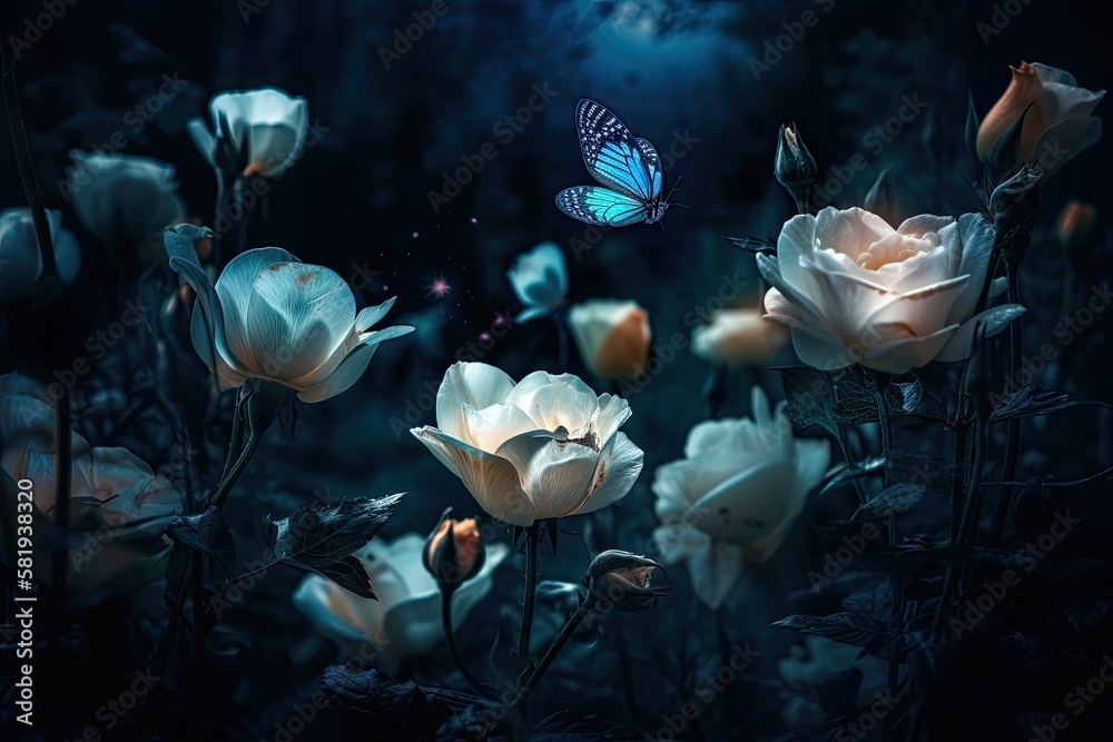 Fantasy Eustoma flowers garden and blue butterfly in enchanted fairy tale dreamy forest, fairytale b