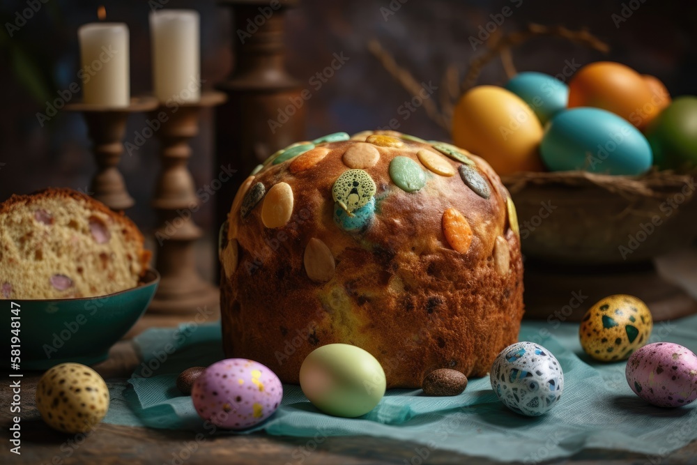 Italian Easter panettone displayed next to Easter eggs amid Easter decor. Generative AI
