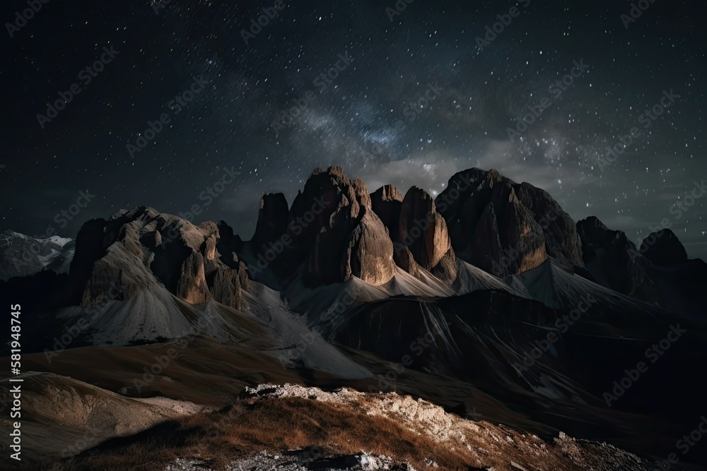 The nighttime view of a mountain range in Italy. Beautiful mountainous natural scenery in Italy. Gen