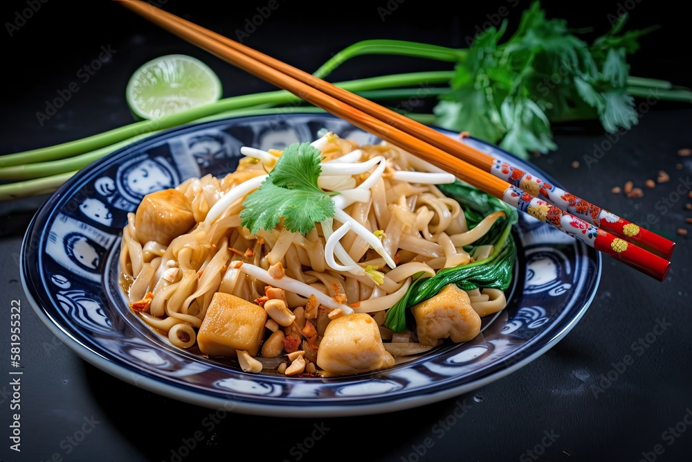Udon with Padthai sauce, Healthy Vegetarian vegan menu; Padthai noodle with smoke tofu and mixed veg