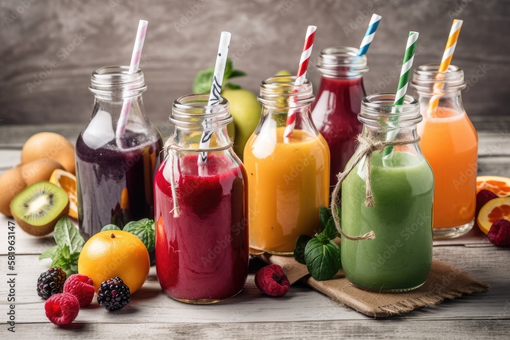 smoothies with a variety of fruits and veggies in glass bottles with straws against a background of 