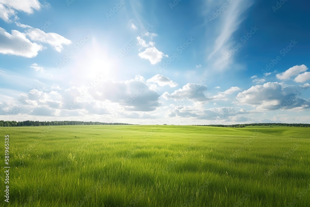 Grassy meadow and sunny sky with clouds in the distance. Wide summer landscape background in soft fo