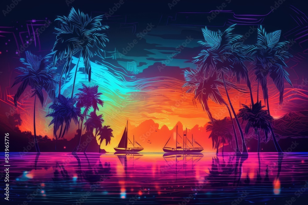 futuristic abstract background. On the surface of the ocean, silhouettes of palm trees on a tropical
