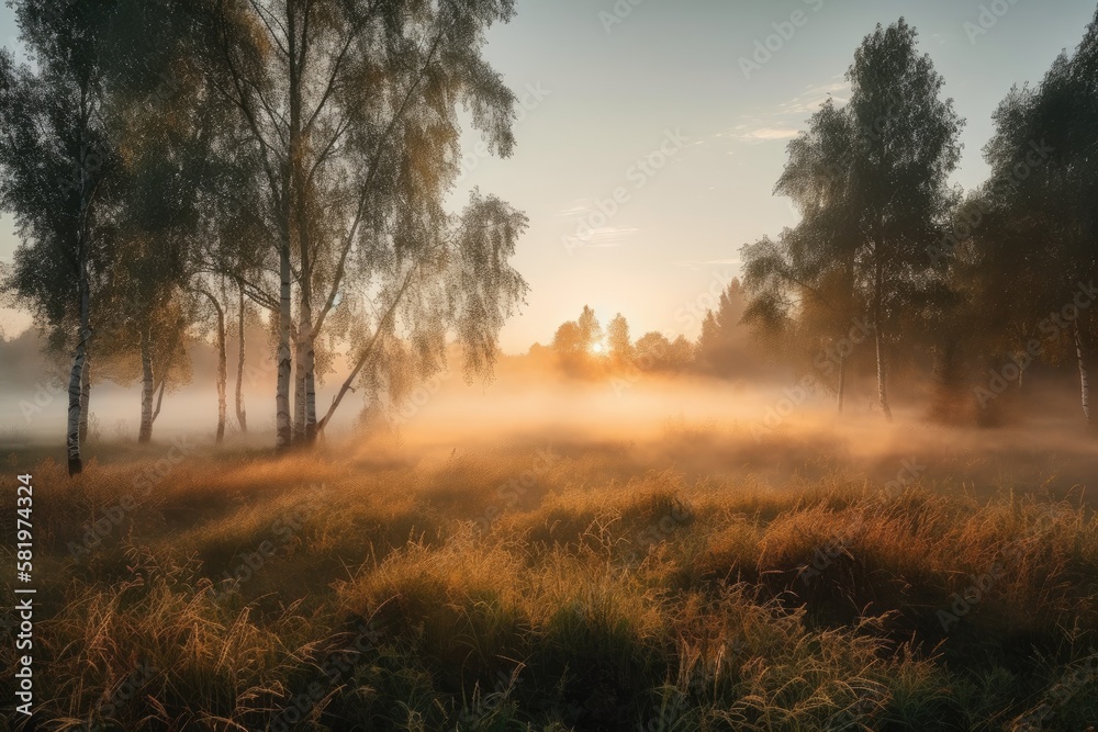 Summertime sunrise on a field with grass, fog, and young birch trees in the background. Landscape. G