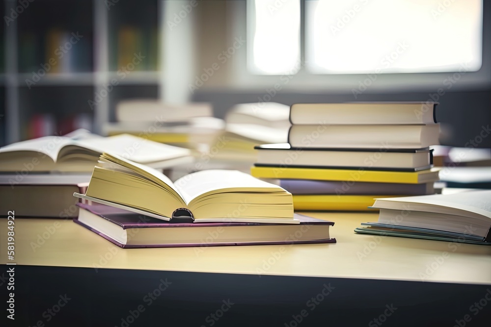 Books on the table in a class. Interior design. Copy space and selective focus. Generative AI