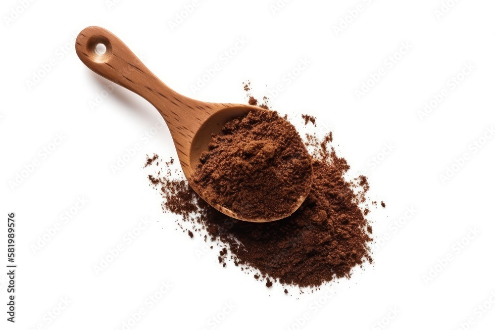 Coffee powder filled wooden spoon, isolated on a white background. Generative AI