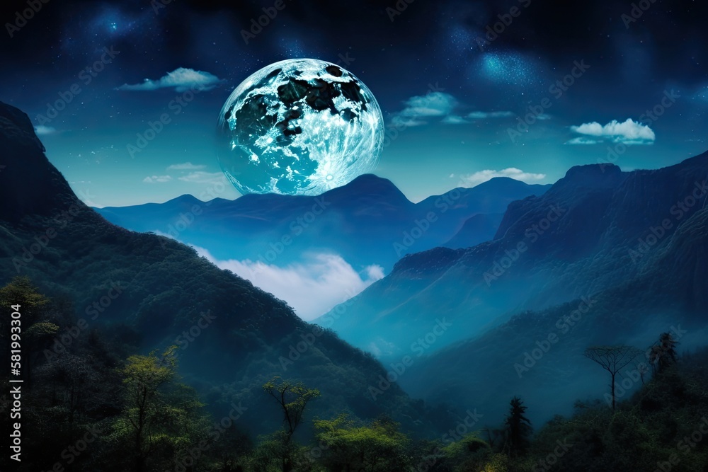 Beautiful landscape with mountains silhouetted in blue mist against a super blue moon, with NASA pro