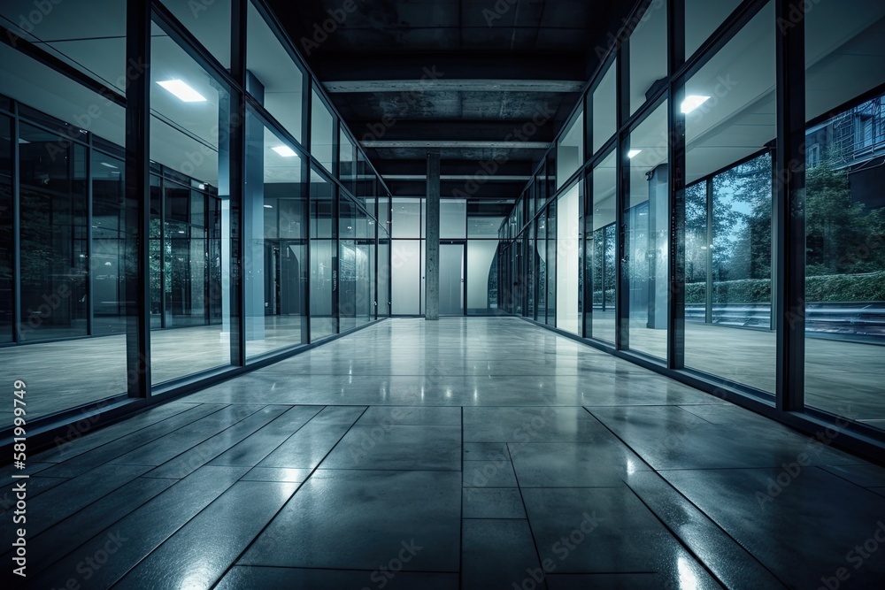 A horizontal perspective of a modern steel and glass building with an empty cement floor. Earlier in
