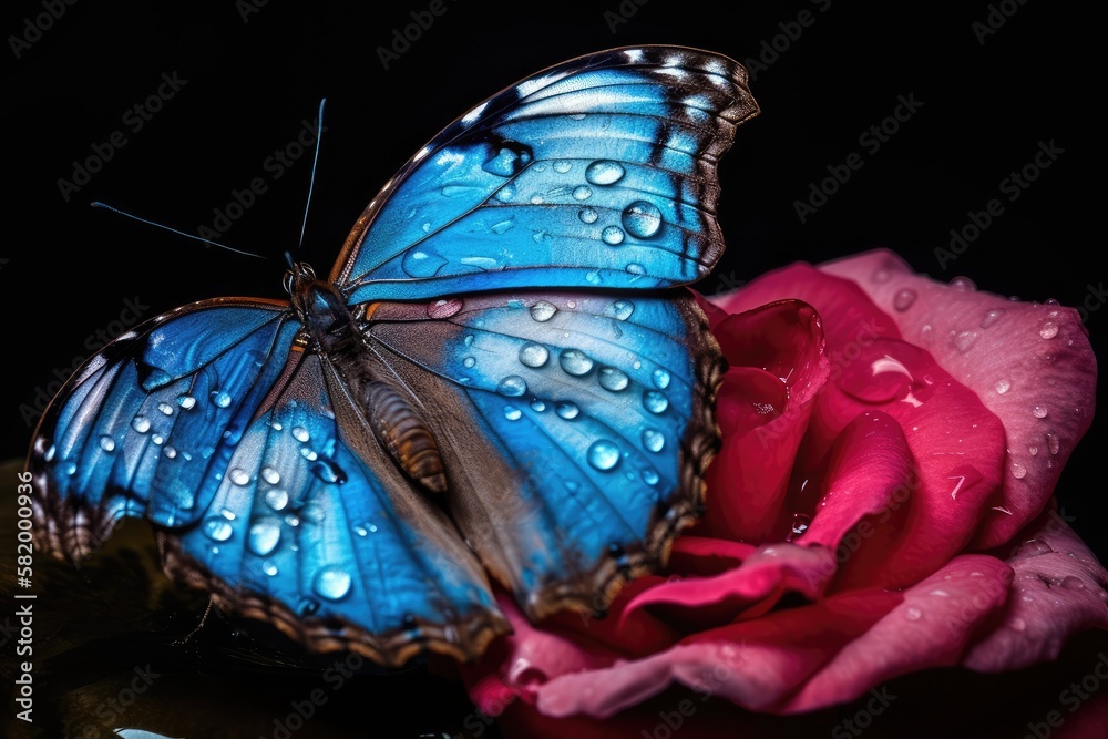 bright blue tropical morpho butterfly on a pink rose in water drops. copy space. Generative AI
